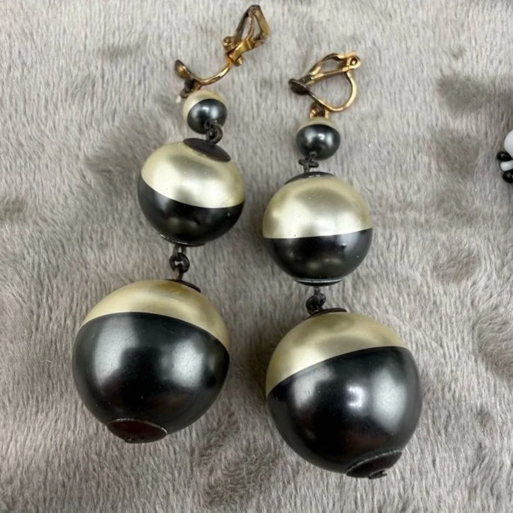Vintage Estate Clip On Earrings Lot Black White Retro Beaded Dangle 3 Pairs